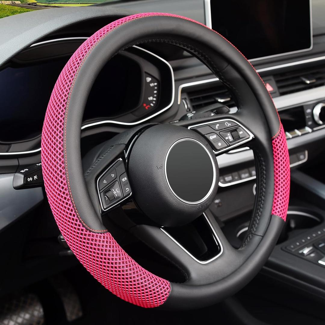 KAFEEK 15 inch Steering Wheel Cover, Cooling Ice Silk Mesh with Microfiber Leather, Heat Resistant, Breathable, Anti-Slip, Summer Cool, Universal Fit, Black & Red (Standard Size[14.5"-15"])