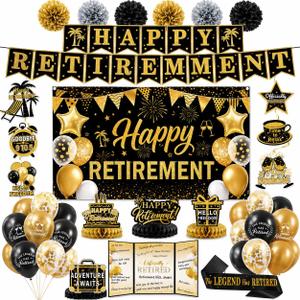 Retirement Party Decorations for Women Men Black and Gold Happy Retirement Banner & Backdrop Balloons Paper Pompoms Honeycomb Centerpiece Hanging Swirl Guest Book Retired Sash