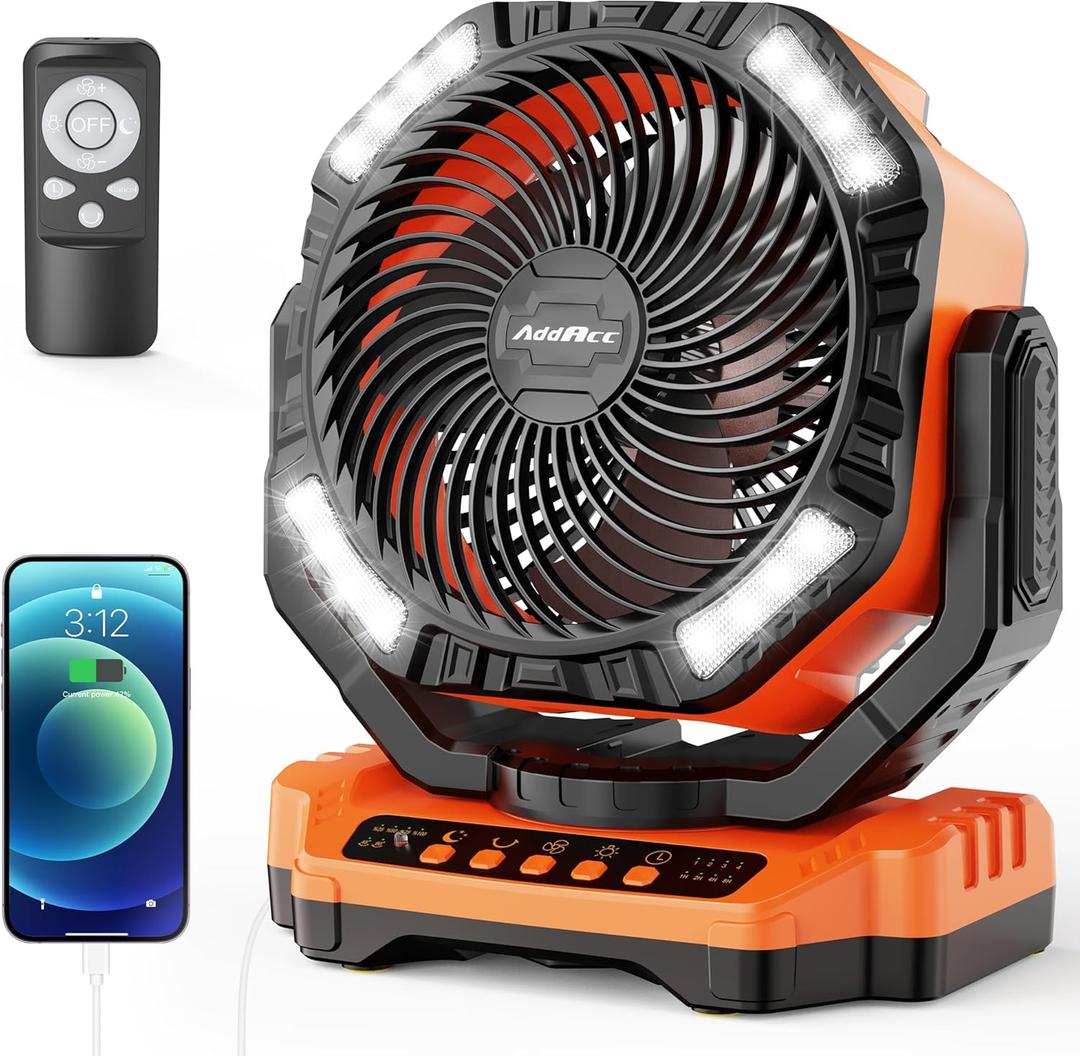 40000mAh Battery Operated Camping Fan, Rechargeable Fan High Velocity, Portable Fan With Remote & Timer - Battery Powered Fan for Car Travel RV Camping Gear Hurricane Emergency Power Outage Essentials (D13-Orange)