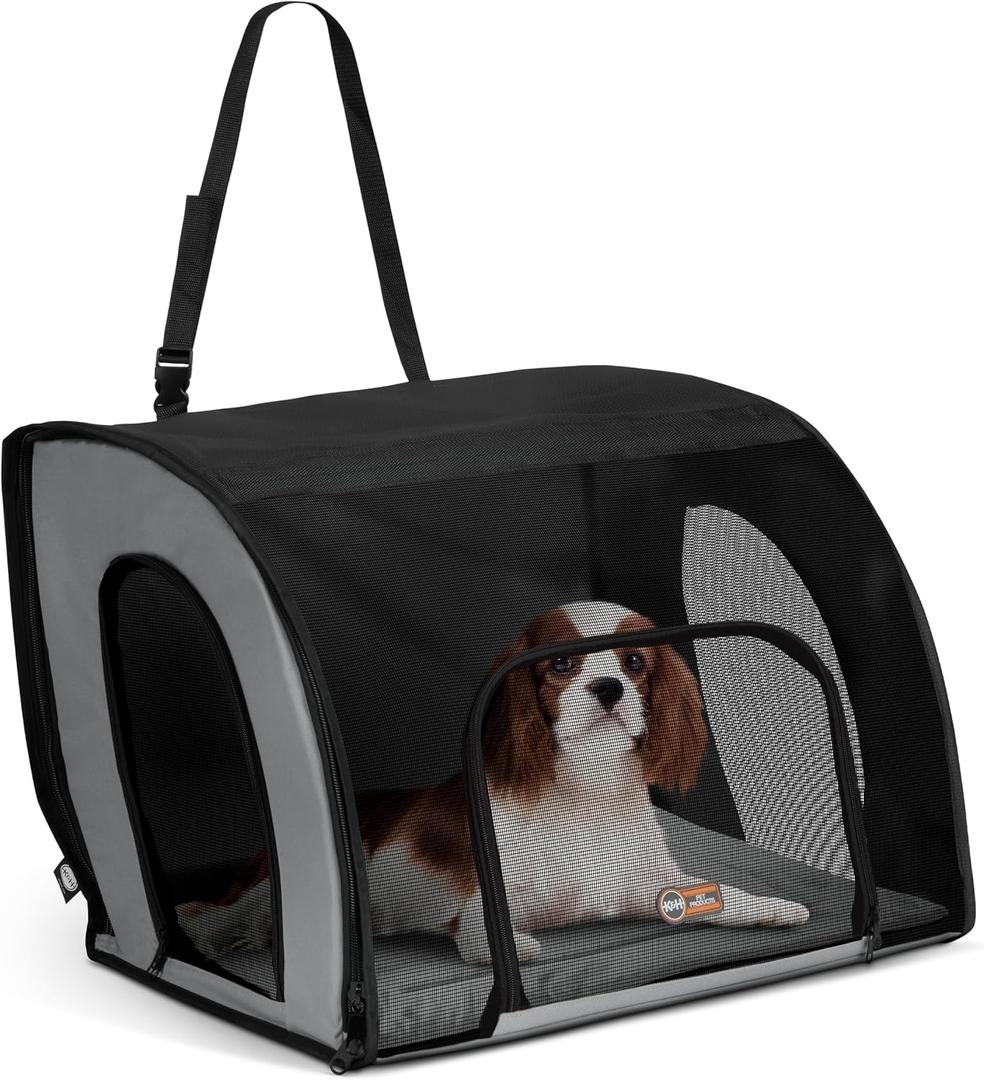 K&H Pet Products Enclosed Dog Car Seat, Travel Safety Carrier for Pets, Dog Travel Car Seat, Soft-Sided Covered Cat Carrier, Washable Pad, Multiple Entrances, Mesh Windows - Medium 24 X 19 X 17in Gray