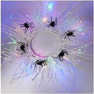 Halloween Decor LED Lights Wreath – 20 Multicolor Copper String Lights 27" Spider net Front Door Decoration Artificial Metal Frame DIY Gate Wreath Indoor Outdoor