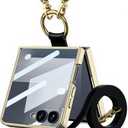 Lunivop Compatible with Samsung Galaxy Z Flip 7 Case with Crossbody Strap Lanyard Ring Kickstand PU Leather Cover Built in Small Screen Protector Full Coverage Phone Case(for Z Flip 7 2025 Black)