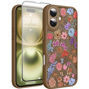 Magnetic for iPhone 16 Plus Case with Screen Protector, Brown Flower | Pretty Flower Floral Pattern Design [Compatible with MagSafe] [Full Camera Protection] Shockproof Slim Cover for Women Girls