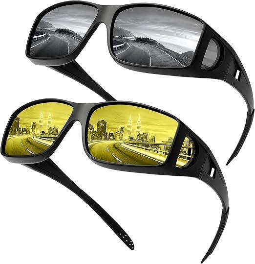 URUMQI Night Vision Driving Glasses Fit Over Eyeglasses for Men Women, Anti Glare Polarized Nighttime Glasses Yellow Lens (C01 Transparent Grey Frame/Grey & Yellow Lens)