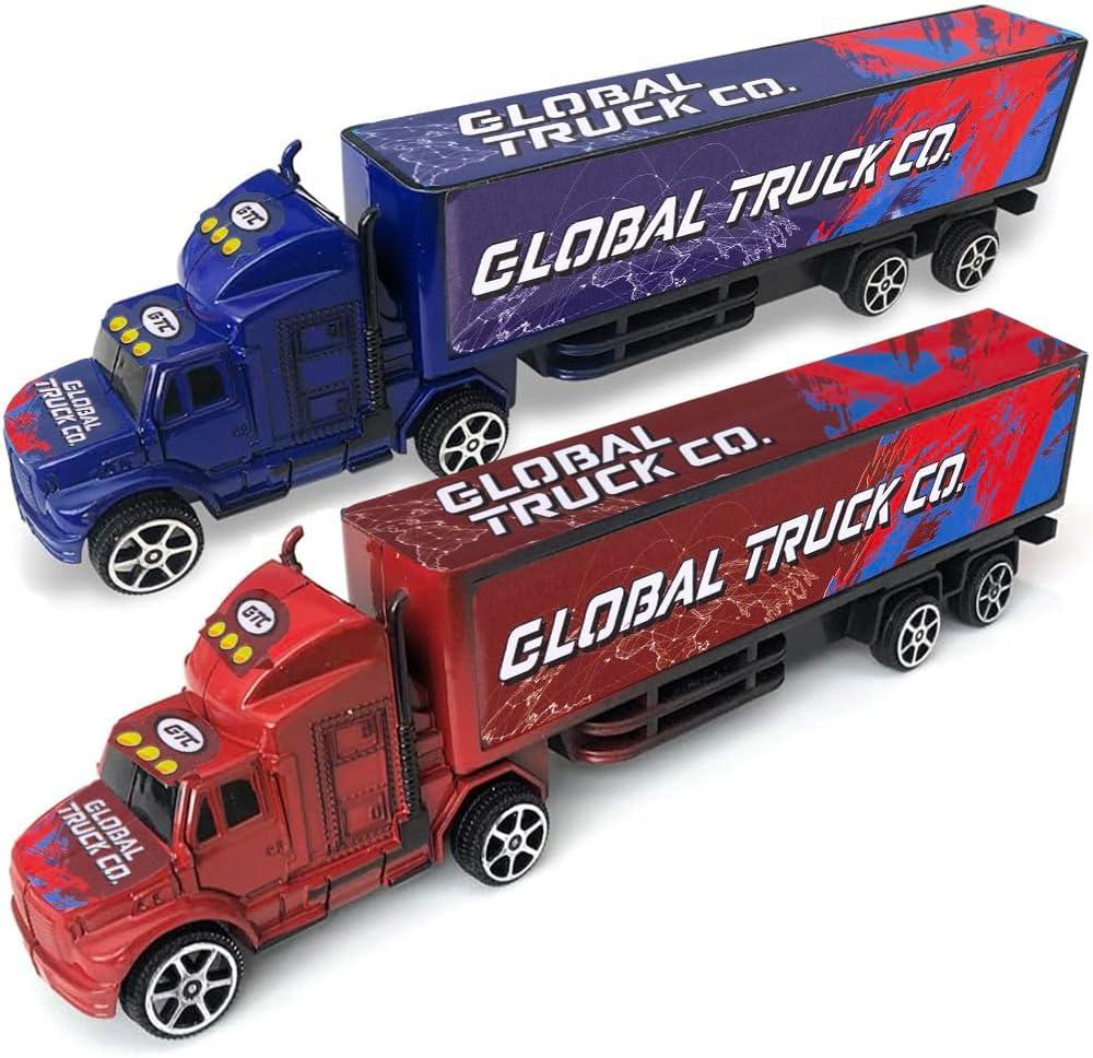 ArtCreativity Semi Truck Toys for Boys, Set of 2, Pull Back Truck Toys for Kids in Red & Blue, Trailer Trucks for Hours of Pretend Play, Unique Toy Car Party Decorations and Boys Room Decor