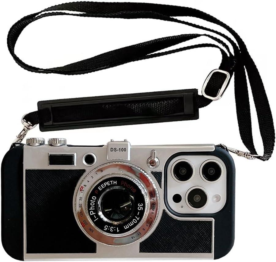 3D Vintage Camera Phone Case with Long Lanyard - Unique Cool Silicone PC Shockproof Crossbody Protective Case for iPhone 16 Pro Max- Black