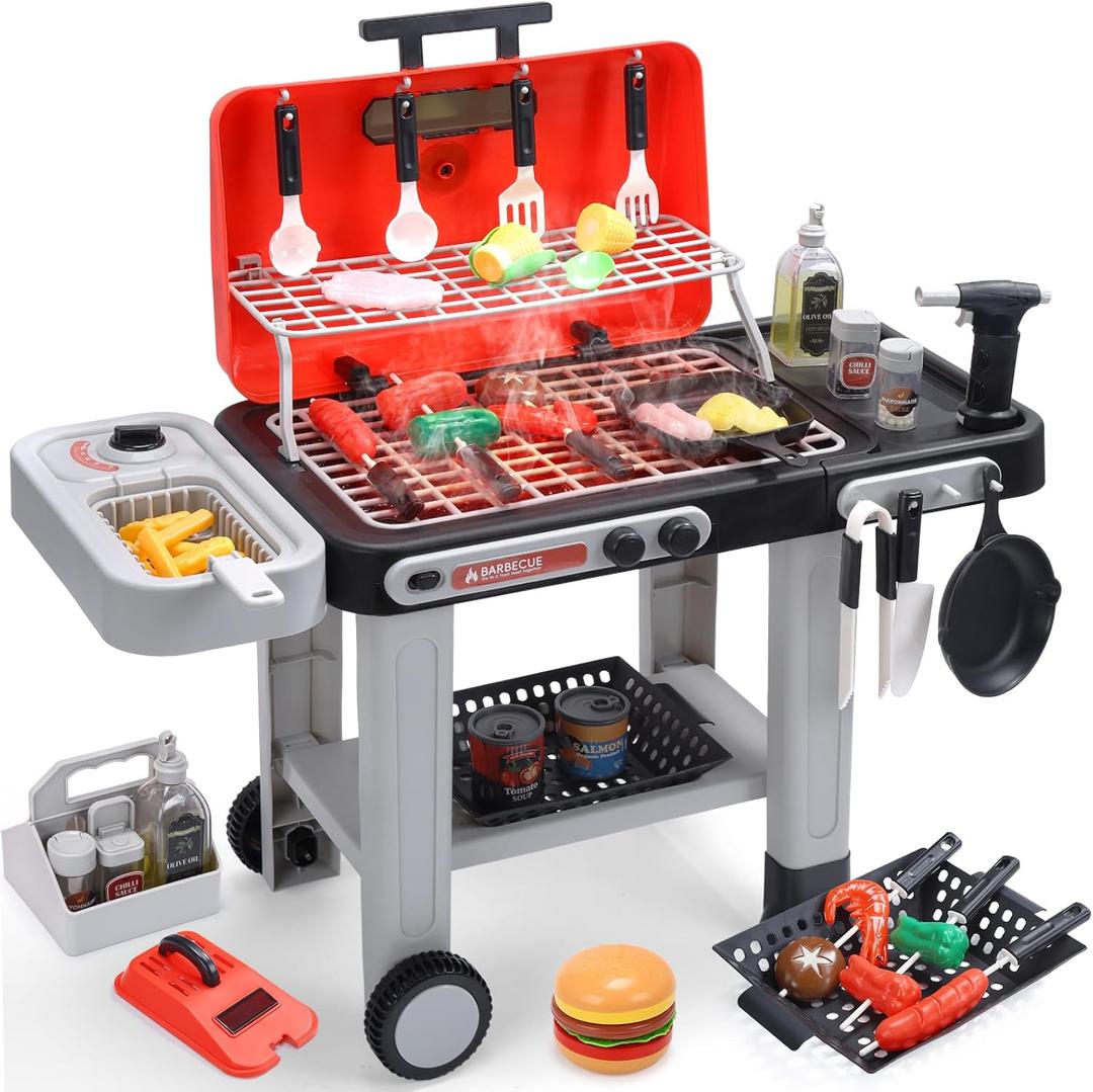 CUTE STONE Kids BBQ Grill Toys, Color Changing Play Food, Sizzling Sound & Light Effects, Cool Mist Spray, Pretend Cooking with Frying & Grilling, 2-Tier BBQ on Wheels - Kitchen Toy Gift Ideas (Red)
