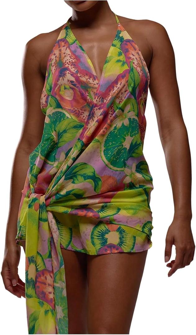 OYOANGLE Women's Floral Print Summer Sundress Sleeveless Tie Backless Wrap Halter Mini Dresses (Yellow), Size X-Small