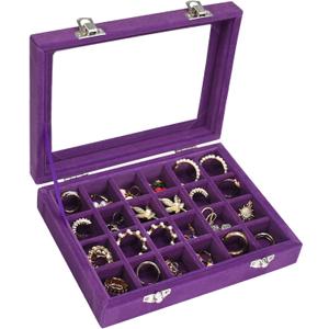 Vicoter Velvet Jewelry Box 24 Grid Jewelry Ring Display Organiser Box Tray Holder Earrings Storage Case for Girls Wife Mom Women (Purple)