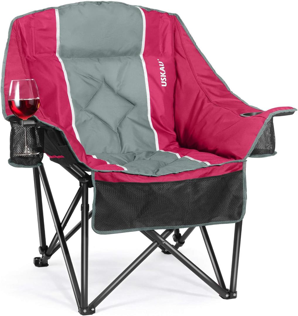 Oversized Camping Chair for Adults - Heavy Duty 400 lbs Padded Folding Chair with Wine Glass Holder, 2 Cup Holders & Side Pockets, Portable Carry Bag for RV, Tailgating, Lawn, Single Seat