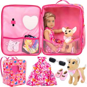 ZITA ELEMENT 18 Inch Girl Doll Backpack Butterfly Design Carrier Bag with Clothes and Accessories Including 18 Inch Dolls Clothes, Shoes, Sunglasses and Toy Dog