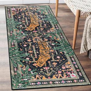 Oriental Tropical Kitchen Runner Rug 2x5 Washable, Thin Stain Resistant Black Boho Bathroom Runner Rug for Hallway Entryway Bedroom Laundry, Vintage Abstract Hippie Botanical Long Carpet