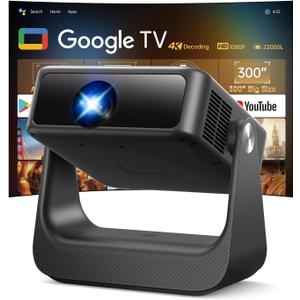 Buit-in Google TV & Voice ControlSmart Projector with WiFi 6 and Bluetooth, 4K Support Movie Outdoor Projectors Compatible with Netflix/Prime Video/YouTube, Auto Focus Home Proyector (Grey)