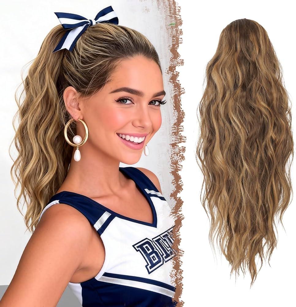 FESHFEN Ponytail Extensions - Drawstring Ponytails Hair Extension Long Curly Wavy Hair Piece Synthetic Pony Tail Hairpieces for Women, Golden Brown Mix Blonde 18 inch