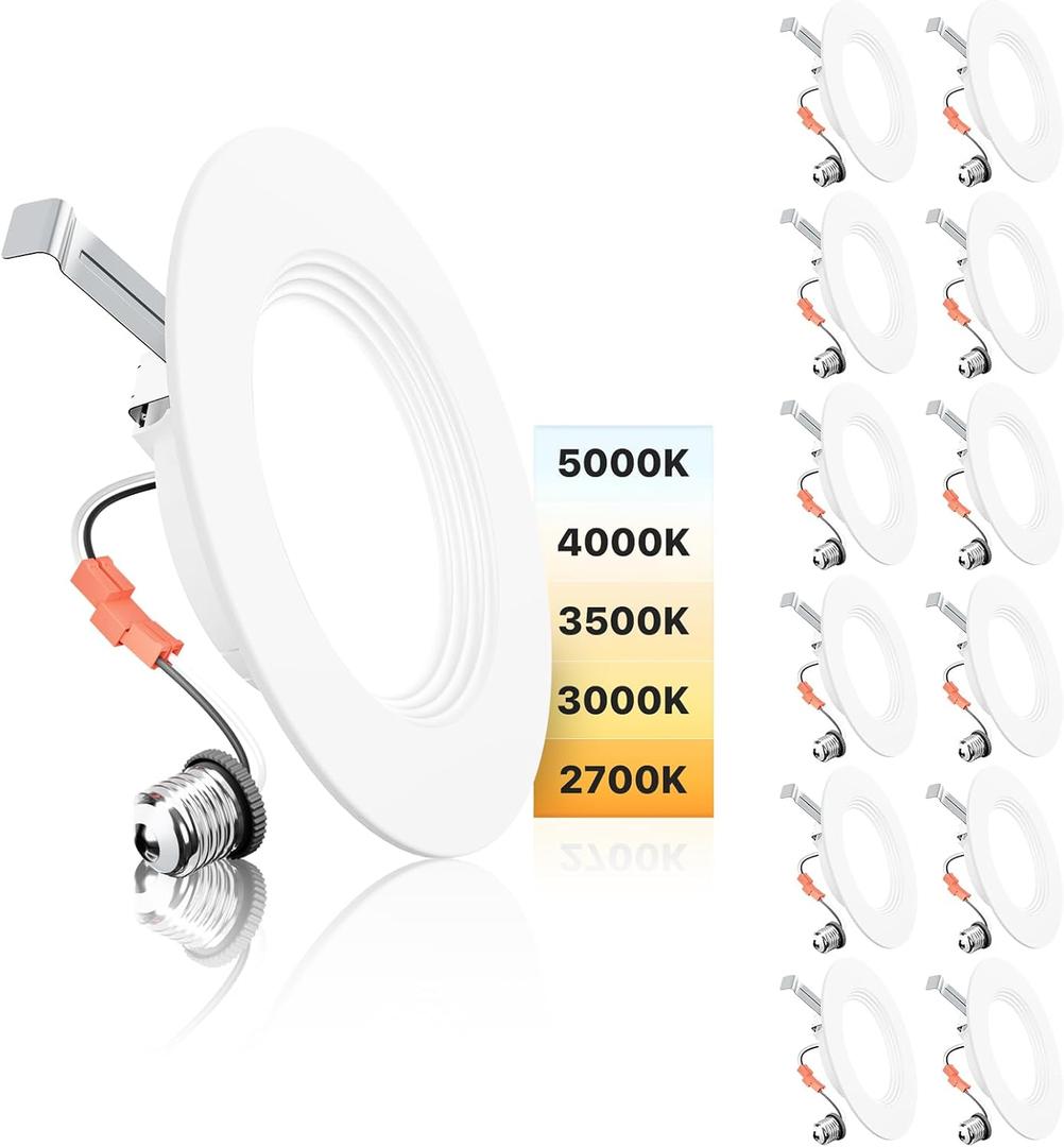 Ensenior 5/6 Inch 5CCT LED Can Lights 12 Pack, Retrofit Led Recessed Lighting, Baffle Trim, Dimmable, 9W=110W, 1000LM, 2700K/3000K/3500K/4000K/5000K Selectable, IC Rated - ETL & FCC