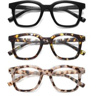 Reading Glasses For Women Blue Light Blocking Square Computer Reader Stylish Unbreakable Large Eyewear LK6078 (C1black+c2grey Tortoise+c3blue Quartz)