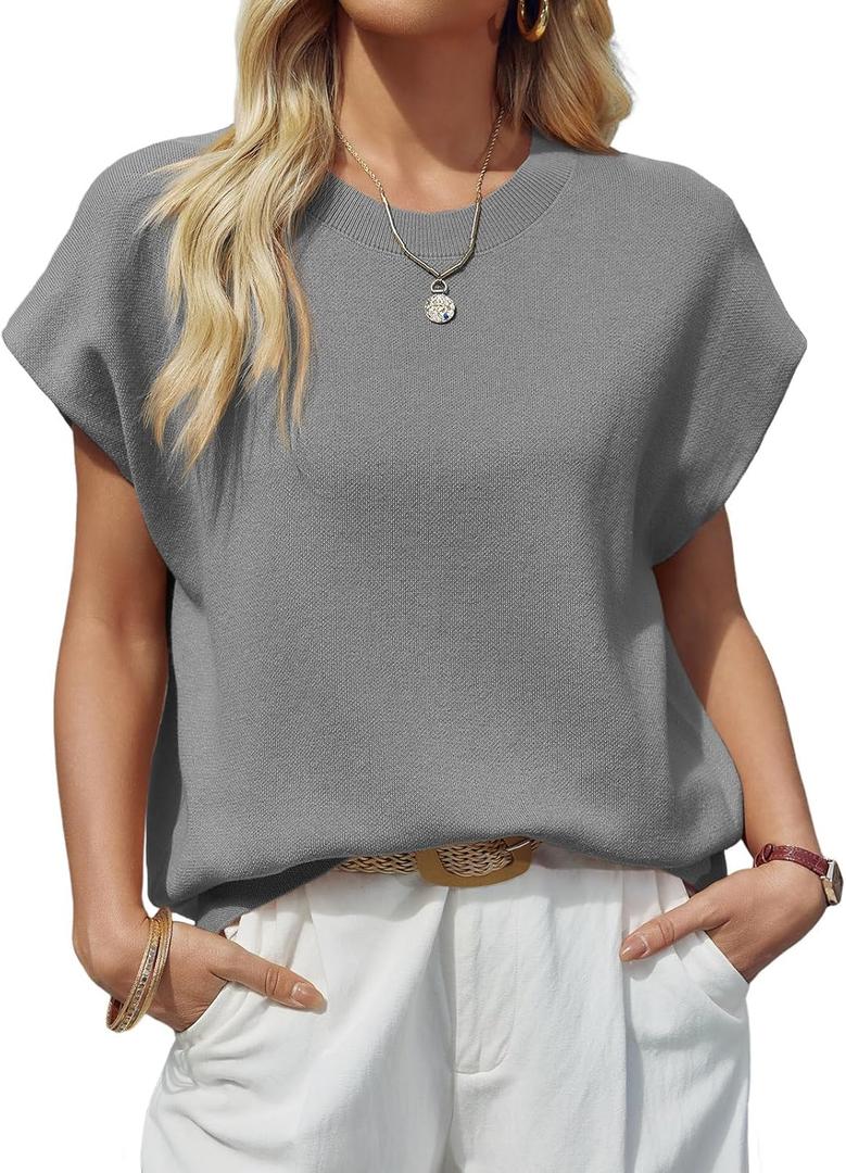 Saodimallsu Womens Cap Sleeve Sweater Top Summer Crew Neck Trendy Going Out Loose Knit Shirt (Gray)