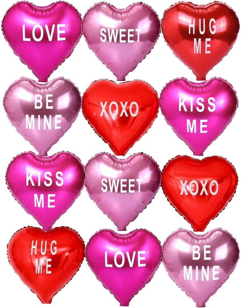 12 pcs Heart Balloons,18" Foil Love Balloons Mylar Balloons, XOXO LOVE SWEET BE MINE heart balloons Valentines Day Decorations Balloons for Propose,Wedding Dcor Backdrop & Party Supplies (TEXT HEART)