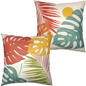 Set of 2 Summer Tropical Leaves Throw Pillow Covers Palm Banana Leaf Pillow Covers 18x18 Abstract Sun and Monstera Leaf Cushion Case for Sofa Patio Indoor Outdoor Decor