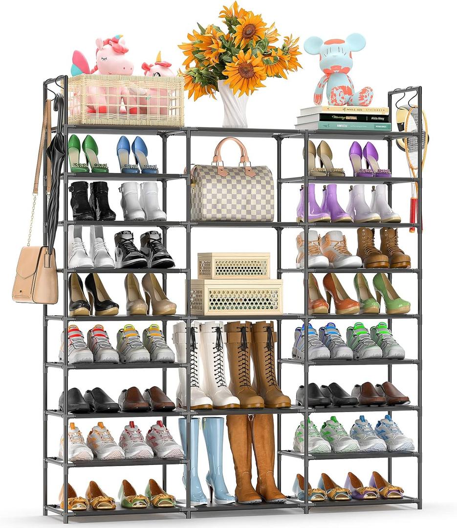 Kottwca Shoe Rack Organizer, Large Shoe Rack for Entryway Closet, Metal Shoe Shelf for Shoes and Boots, Big Non-Woven Fabric Shoe Storage Organizer with Hooks for Cloakroom, Black (3 Row 9 Tier-1)