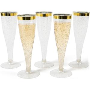 Prestee Set of 24 Plastic Champagne Flutes with Gold Rim - 4.5 oz - Shatterproof Disposable Glasses for Weddings, Cocktail Parties, and Outdoor Celebrations (24 Count (Pack of 1))
