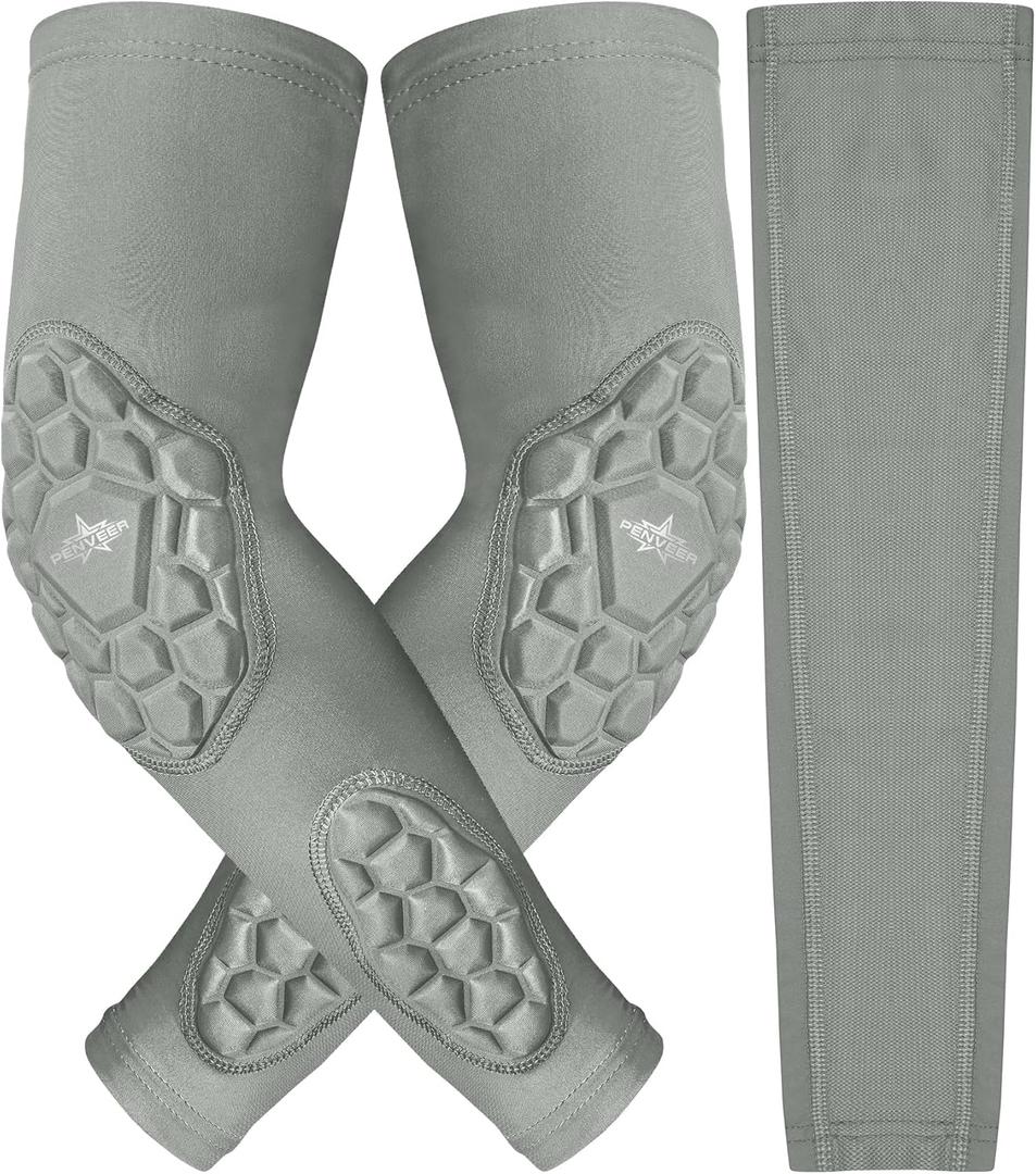 Compression Padded Arm Sleeves for Youth & Adults - Elbow & Forearm Support - Breathable Football Padded Sleeves (Grey)