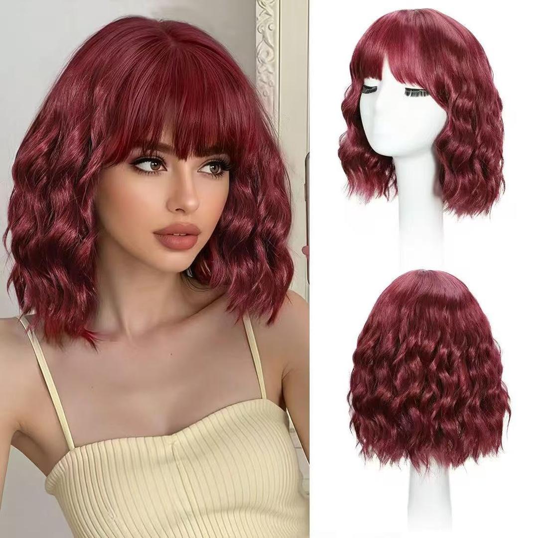 Wine Red Wig With Bangs Bob Synthetic Curly Wigs Natural Shoulder Length Wig 12 inch for Women Girls Daily Use Colorful Wigs
