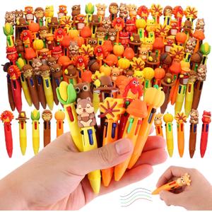 100 Pcs Thanksgiving Colorful Multicolor Pen in One Cartoon Cute Fun 4-in-1 Cute Pens Bulk Kawaii Maple Leaves Pumpkins Scarecrows and Turkeys Shape Cool Ballpoint Pens for Kids Fun Gifts