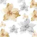 WILLBOND 36 Pieces Christmas Poinsettia Glitter Faux Flowers Christmas Artificial Flowers Tree Ornaments Topper Xmas Decorations (Gold, Silver)
