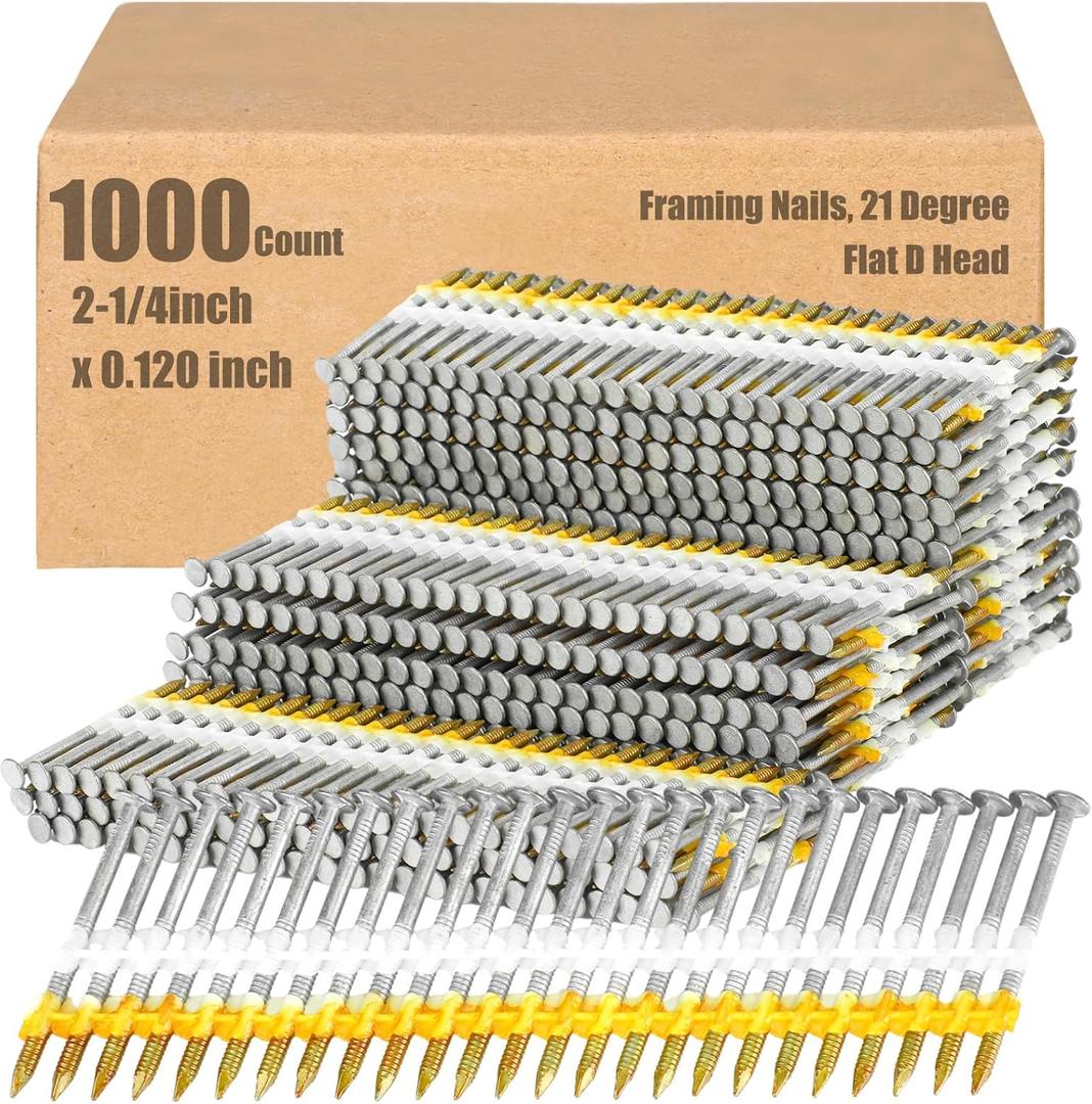 Therwen 1000 Count 2-1/4 Inch x 0.120 Inch Framing Nails, 21 Degree, Flat D Head, Galvanized, Ring Shank, Plastic Row Fixed, 21 Degree Framing Nails for Use in All Pressure Treated Lumber
