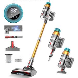 MBYULO Cordless Vacuum Cleaner for Home 600W 60Kpa Upgraded Powerful Stick Vacuum Up to 75Mins, Anti-Tangle & Wall Mount Charging, 8 in 1 Lightweight Vacuum Cleaners for Home/Pet Hair/Carpets/Floors (Gold)
