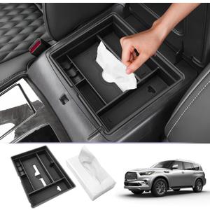 LUWU 2025 Infiniti Accessories Center Console Organizer Compatible with 2022 2023 2024 2025 INFINITI QX80 Luxe/Premium Select/Sensory Console Organizer Tray Armrest Storage w/Tissue Box