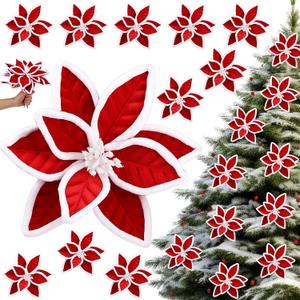 Outus 12 Pcs 9" Large Christmas Poinsettia Picks Glitter Red and White Poinsettia Artificial Flower with Stems Xmas Tree Wreath DIY Floral Ornaments for Holiday Party Vintage Rustic Home Decor