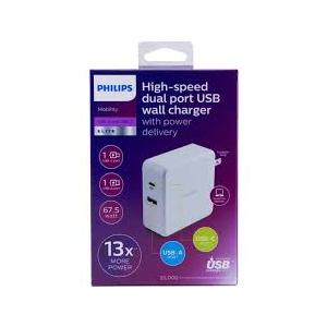 Philips High-Speed Dual Port USB Wall Charger with 1 USB C Port and 1 USB A Port Laptop Mobile Tablet Charger  