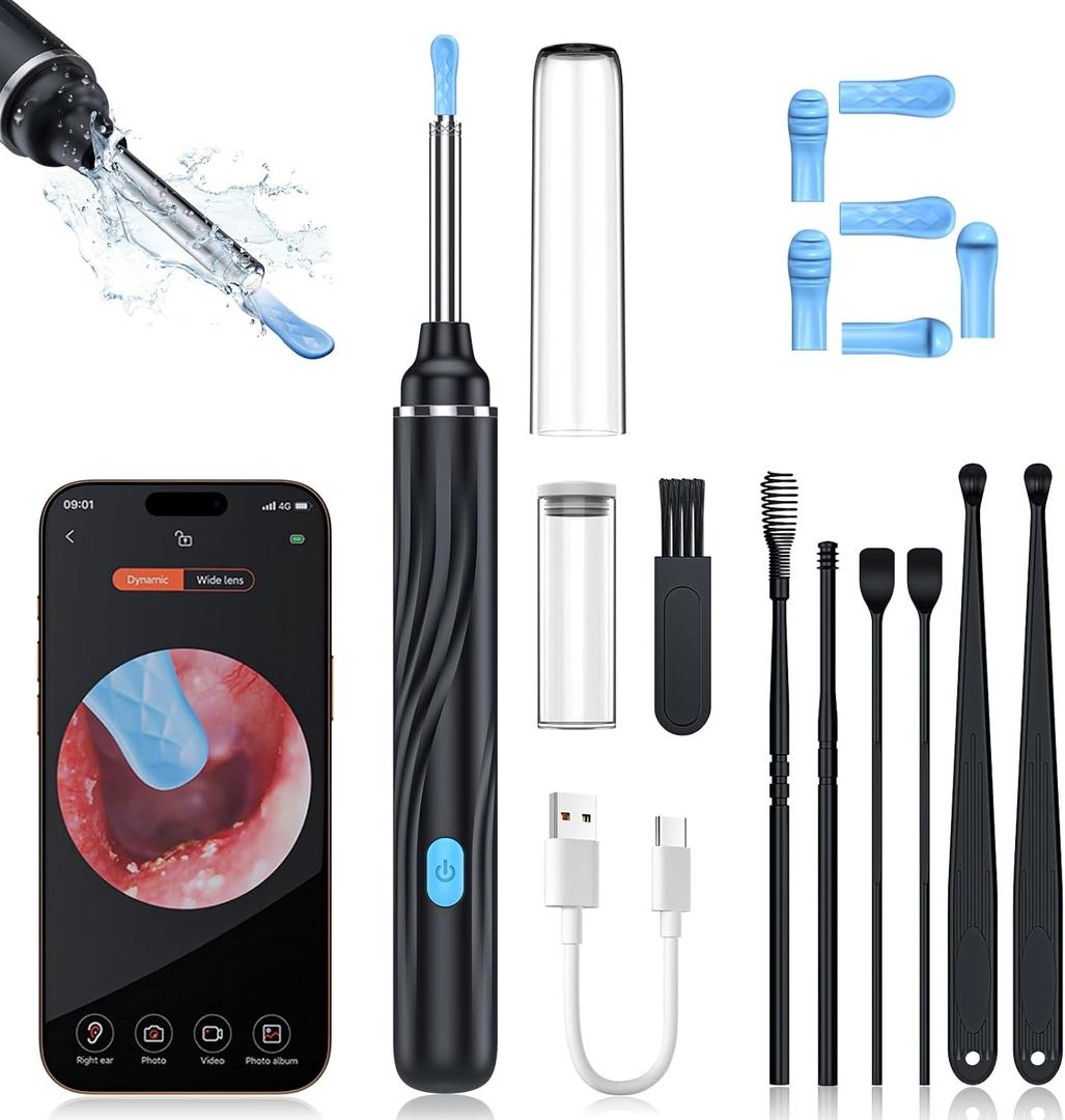 Ear Wax Removal Tool Camera, Ear Cleaner with Camera, 1080P HD Ear Camera and 6 LED Light, Ear Wax Removal Kit with 6 Ear Pick, 6 Pcs Ear Set, Ear Camera Wax Removal for iOS & Android, Black
