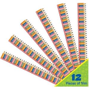 Pack of 2 Eureka 845693 S'Cool Era Die-Cut Pencils Decorative Classroom and Bulletin Board Trim for Teachers, 2.25" Wide with 37 Feet Total, 12 Strips