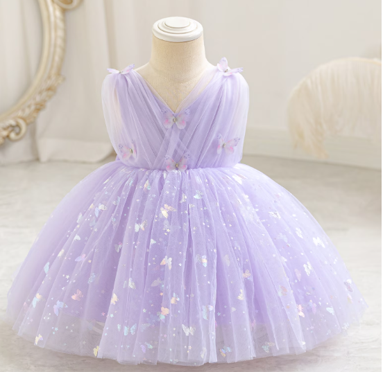 IBTOM CASTLE Toddler Baby Girls Shiny Butterfly Tutu Dress Princess Birthday Party Pageant Flower Girl Wedding V-Backless Dresses 12-18 Months Purple