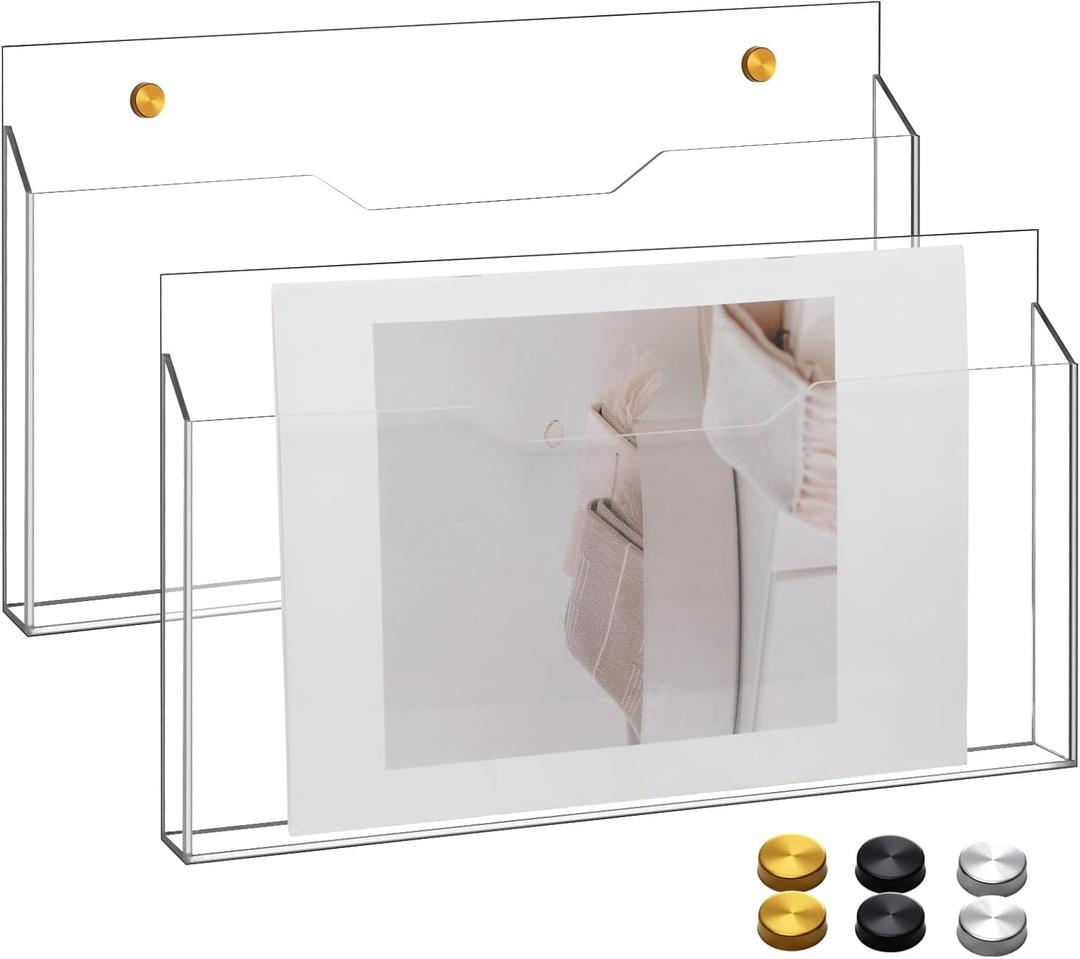 2Pcs Clear Acrylic File Holder Wall Mount Mail Magazine Organizer File Holders with Screw Wall Pocket Office Document Storage Rack Magazine Letter Brochure(14 x8.3 x1.2 ,Horizontal)