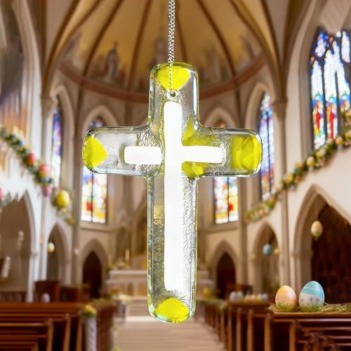 H&D HYALINE & DORA Glass Cross for Car Mirror Hanging Christian Gifts for Men, Women Jesus Ornament Religious Gift for Truck Driver (Clear & Yellow) Pack of 2