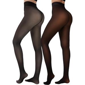 HONGTEYA 2 Pairs Fleece Lined Tights Women - Warm Sheer Pantyhose Fake Translucent Tights Winter Thermal Leggings (X-Small, Translucent Brown+Translucent Black)