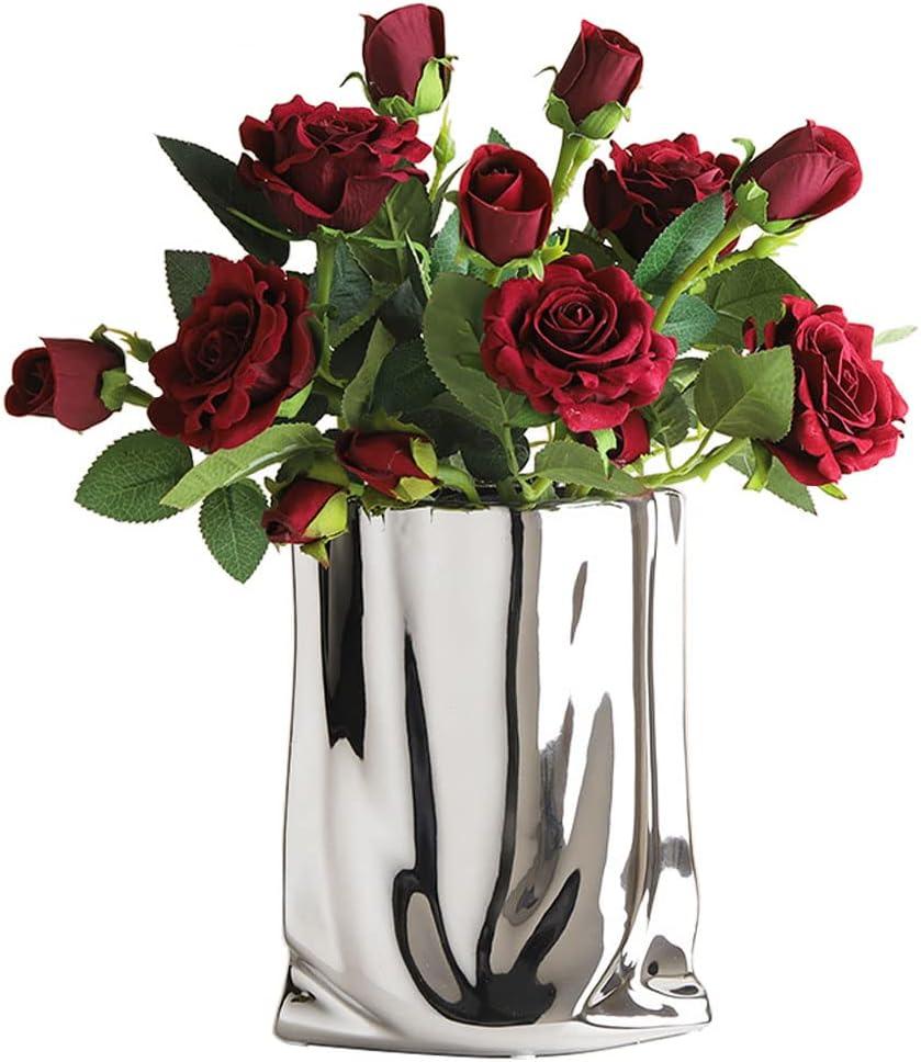 Silver Vase, Paper Bag Modern Minimalist Metallic Luster Ceramic Flower Vase for Home Decor, Table, Living Room Decoration, Shelf Decor, Mantel (Silver-Large)