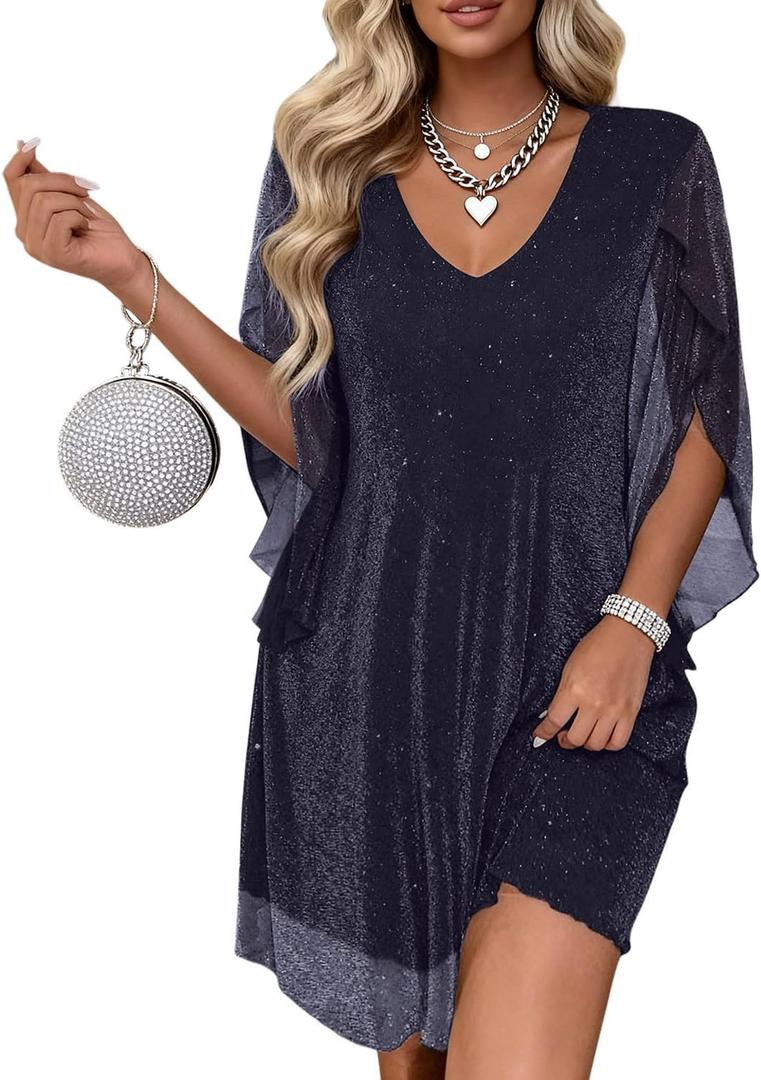 Women's Sparkly Cocktail Dresses for Wedding Guest Flutter Sleeve Loose Chiffon Party Dress (Medium)