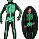 Adult Skeleton Costume Glow in the Dark Skeleton Jumpsuit with Hooded Cosplay Halloween Costumes (Green, XL)