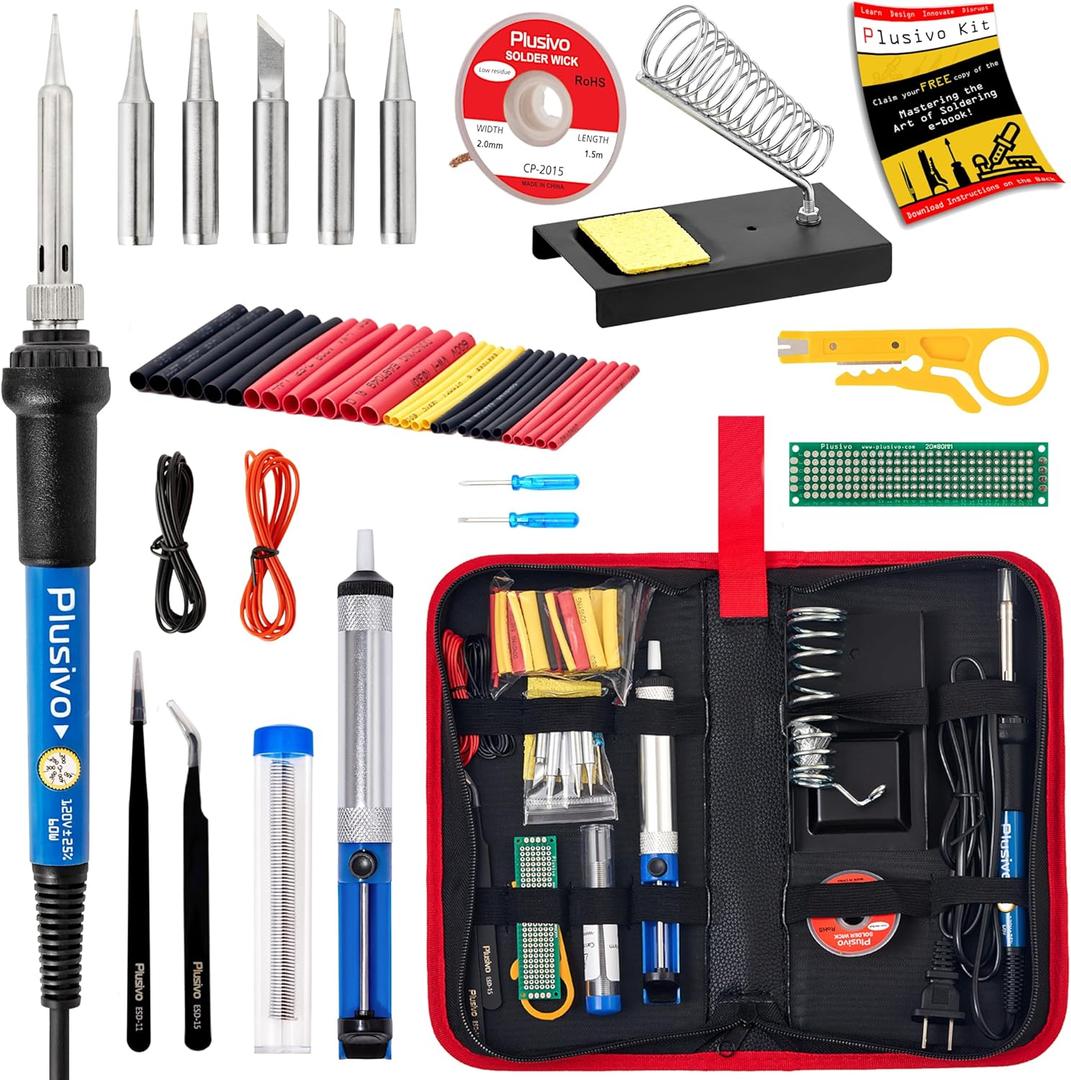Soldering Iron Kit, 60W Soldering Iron, 5 Soldering Iron Tips, 21-in-1 Adjustable Temperature, Solder Wire, Stand, Desoldering Pump, Soldering Welding Iron Kit for Electronics Hobby DIY 110V US Plug (Black and Red)
