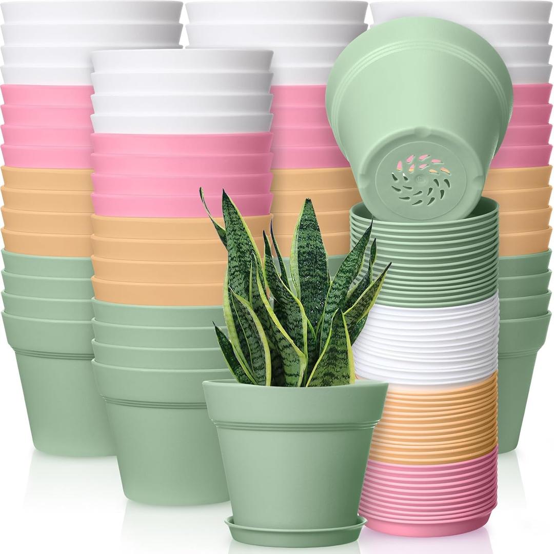 Mumufy 54 Pack 4 Inch Plant Pots Bulk Small Planter with Drainage Hole and Saucer Small Plastic Pots for Flowers Succulent Cactus and All House Indoor