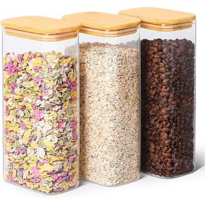 ComSaf 2 Qt Rectangle Glass Storage Containers with Lids, Glass Jars with Bamboo Lids, Clear Food Jar, Square Canister Set of 3, Pantry Organizers and Storage for Flour Pasta Coffee Bean