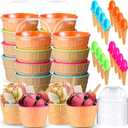 Teenyyou 48 Pcs Ice Cream Bowl Set Includes Plastic Ice Cream Bowls with Spoons and Lids 6-8 oz Reusable Frozen Yogurt Bowls Party Favors for Summer Holiday Sundae Birthday Bar Supplies(4 Colors)
