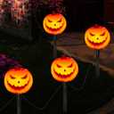 Halloween Pathway Lights, Set of 4 Halloween Pumpkin Stake Lights with 5 C7 LED Light Bulbs(1 Spare), Connectable Pumpkin Light for Path Walkway Driveway Garden Decorations (Orange Smiley Pumpkin)