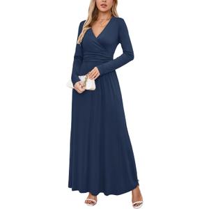 OUGES Women's Long/Short Sleeve V-Neck Wrap Waist Maxi Dress, Small, A-navy
