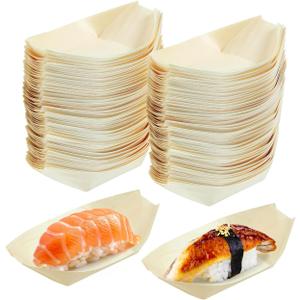100 Pcs Disposable Wooden Sushi Boats 5.51 Inch Natural Biodegradable Snack Trays Pinewood Serving Dishes for Catering Parties and Home Use (14.00X8.00X4.00CM)
